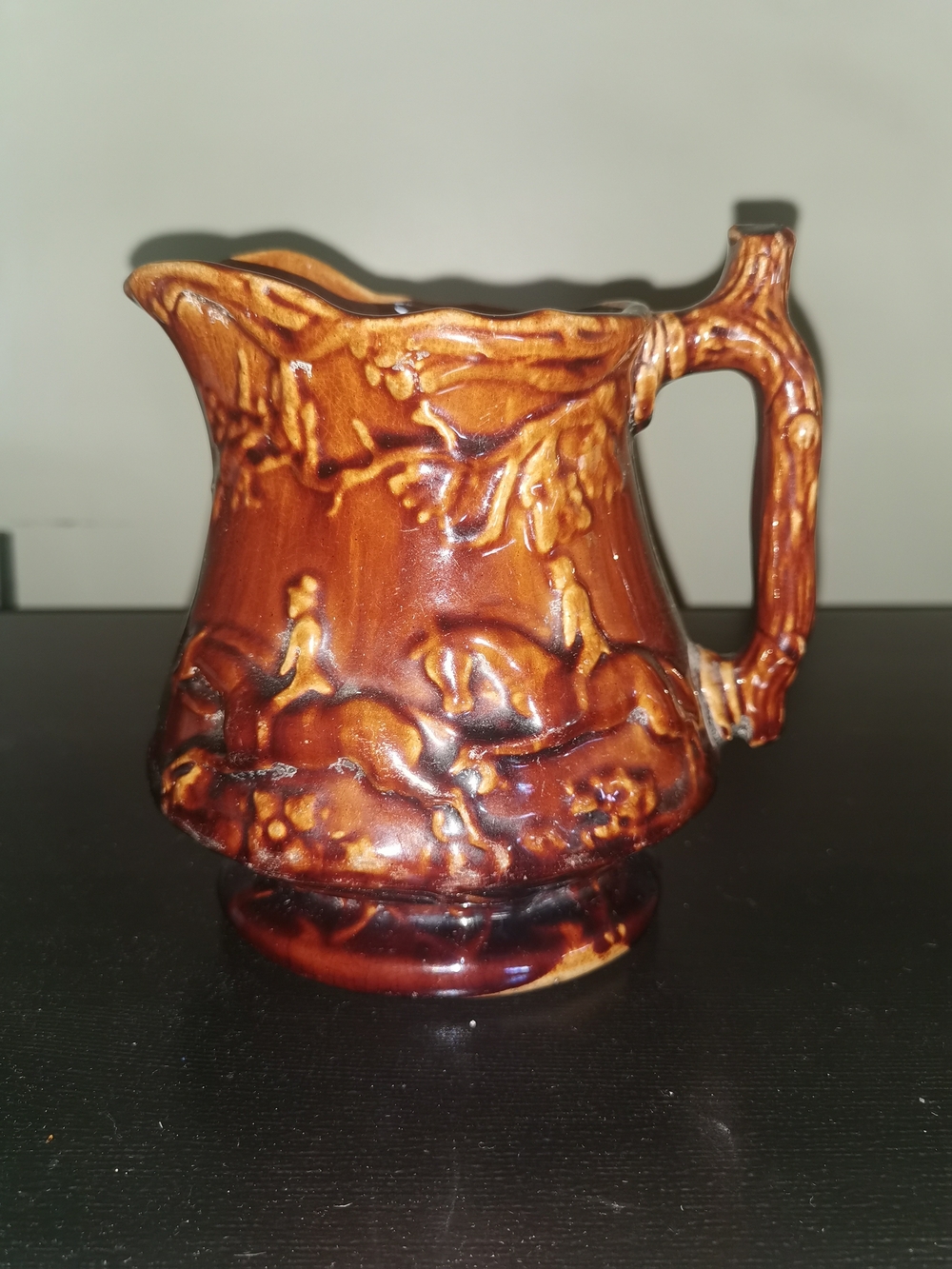 Rockingham Glazed Yellow Brown Ware Hunting Hounds Stag Scene Pitcher 19th C